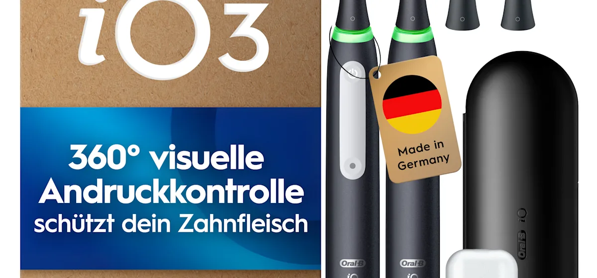 Oral-B iO3 Doppelpack mit 360° visueller Andruckkontrolle zum Zahnfleischschutz.