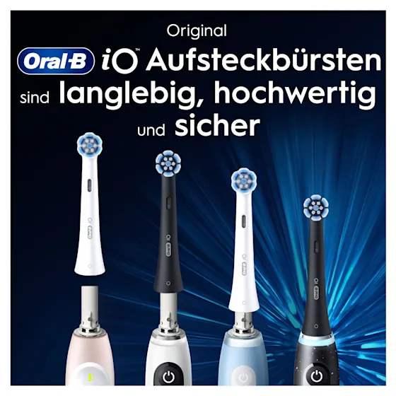 Oral-B iO Aufsteckbürsten-Verpackung, hervorgehoben wird die "Sanfte Reinigung" und dass zwei Bürsten enthalten sind.