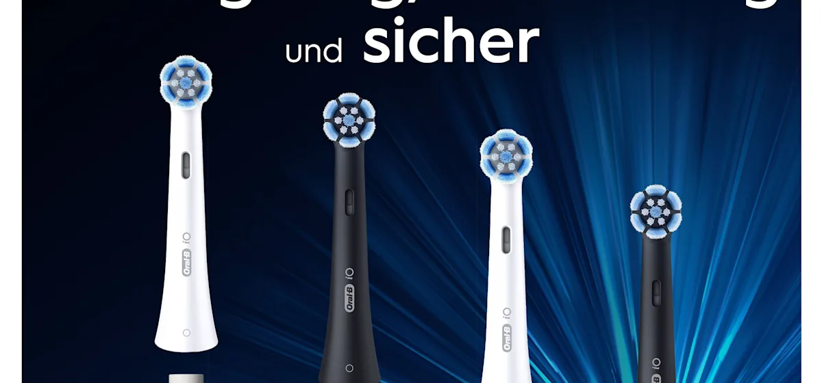 Oral-B iO Aufsteckbürsten-Verpackung, hervorgehoben wird die "Sanfte Reinigung" und dass zwei Bürsten enthalten sind.