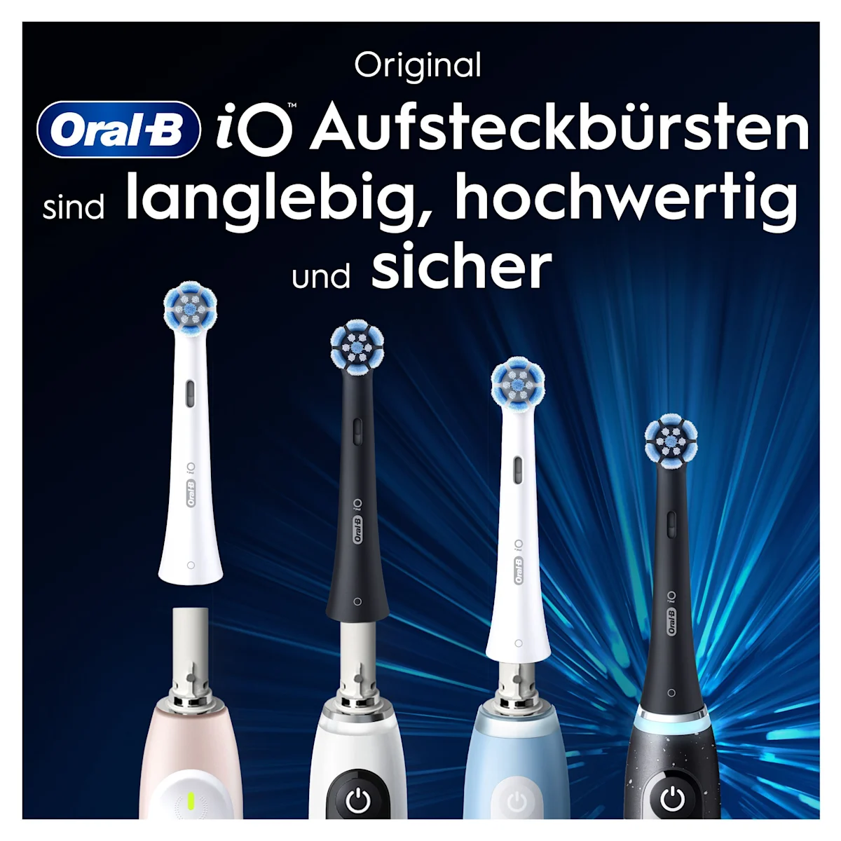 Oral-B iO Aufsteckbürsten-Verpackung, hervorgehoben wird die "Sanfte Reinigung" und dass zwei Bürsten enthalten sind.