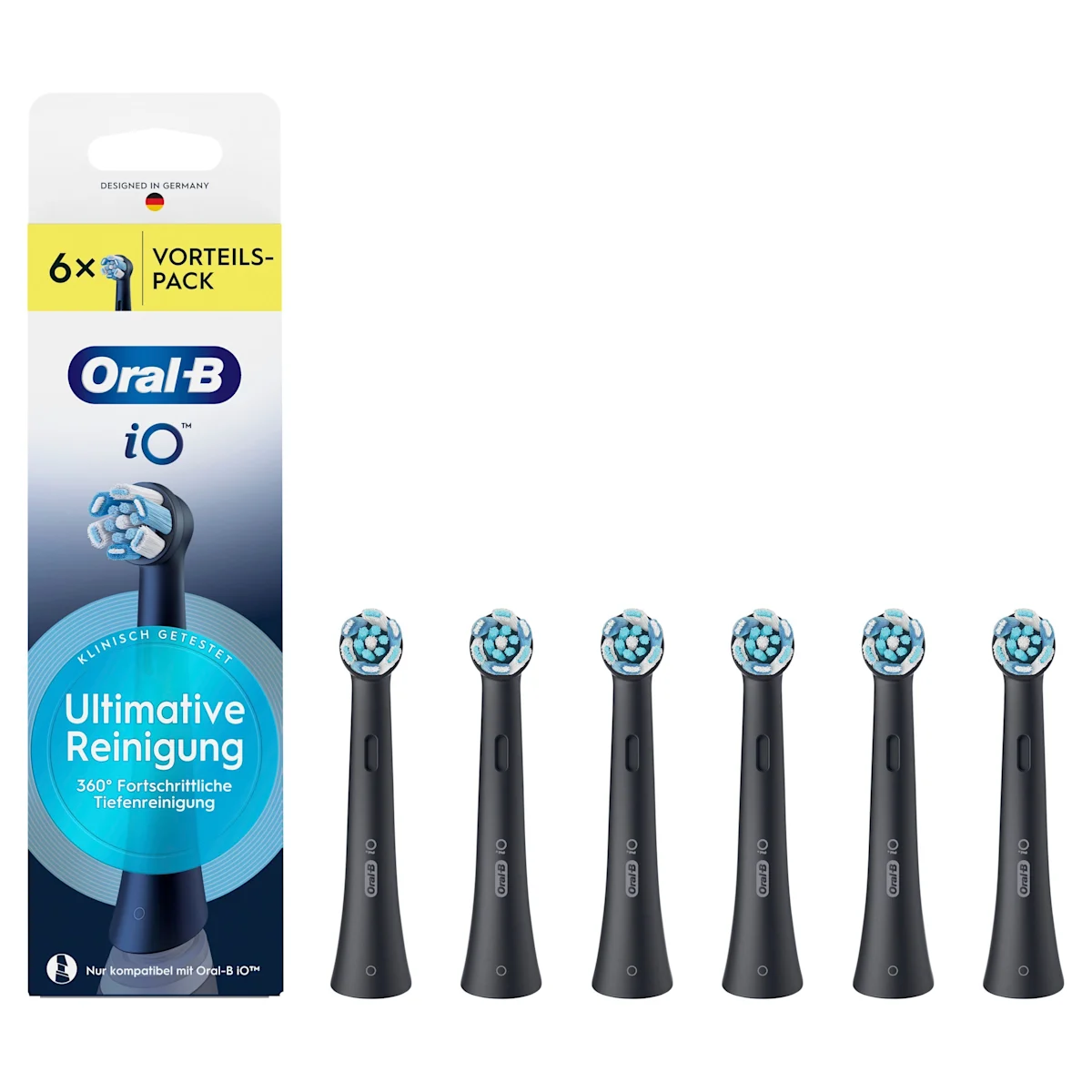 Oral-B iO Aufsteckbürsten, 6er-Packung, mit dem Hinweis "Ultimative Reinigung" auf der Verpackung.