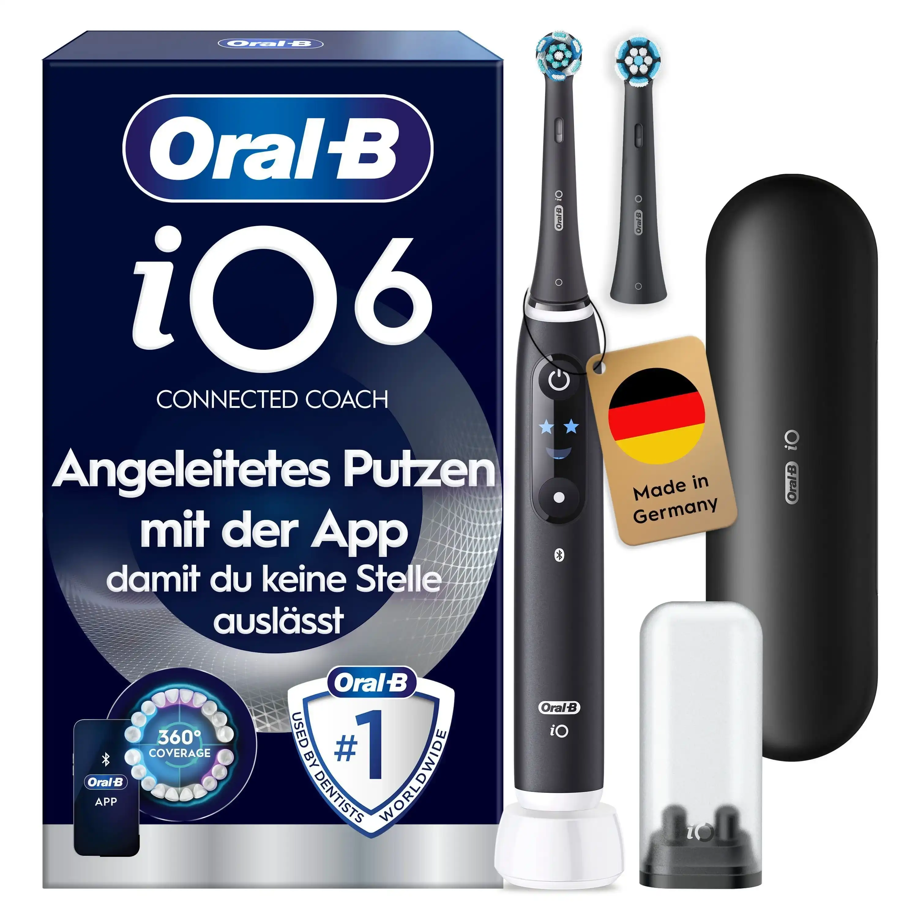 Oral-B iO6 elektrische Zahnbürste mit Verpackung, die geführte Reinigung mit der App hervorhebt, damit keine Stelle ausgelassen wird. Mit Made in Germany Anhänger.