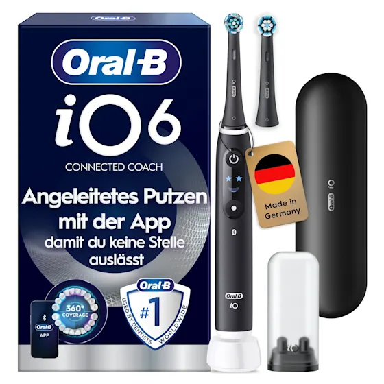 Oral-B iO6 elektrische Zahnbürste mit Verpackung, die geführte Reinigung mit der App hervorhebt, damit keine Stelle ausgelassen wird. Mit Made in Germany Anhänger.