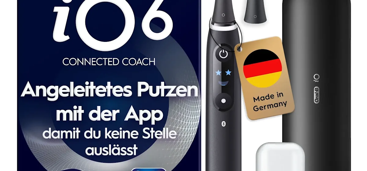 Oral-B iO6 elektrische Zahnbürste mit Verpackung, die geführte Reinigung mit der App hervorhebt, damit keine Stelle ausgelassen wird. Mit Made in Germany Anhänger.