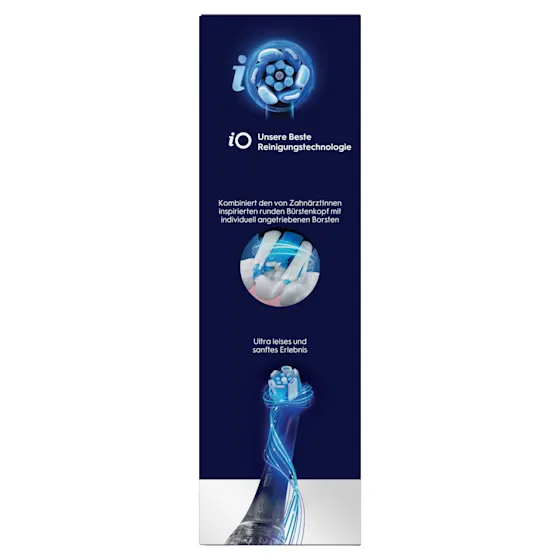 Oral-B iO6 elektrische Zahnbürste mit Verpackung, die geführte Reinigung mit der App hervorhebt, damit keine Stelle ausgelassen wird. Mit Made in Germany Anhänger.