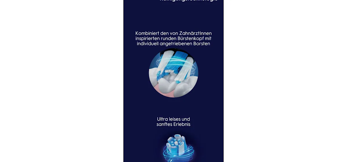 Oral-B iO6 elektrische Zahnbürste mit Verpackung, die geführte Reinigung mit der App hervorhebt, damit keine Stelle ausgelassen wird. Mit Made in Germany Anhänger.