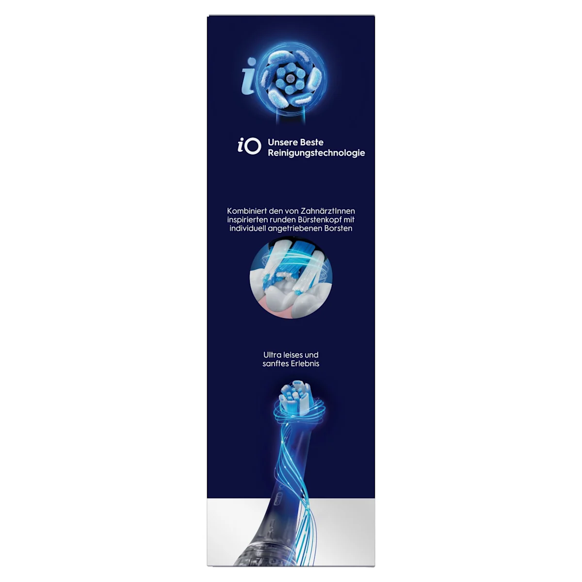 Oral-B iO6 elektrische Zahnbürste mit Verpackung, die geführte Reinigung mit der App hervorhebt, damit keine Stelle ausgelassen wird. Mit Made in Germany Anhänger.