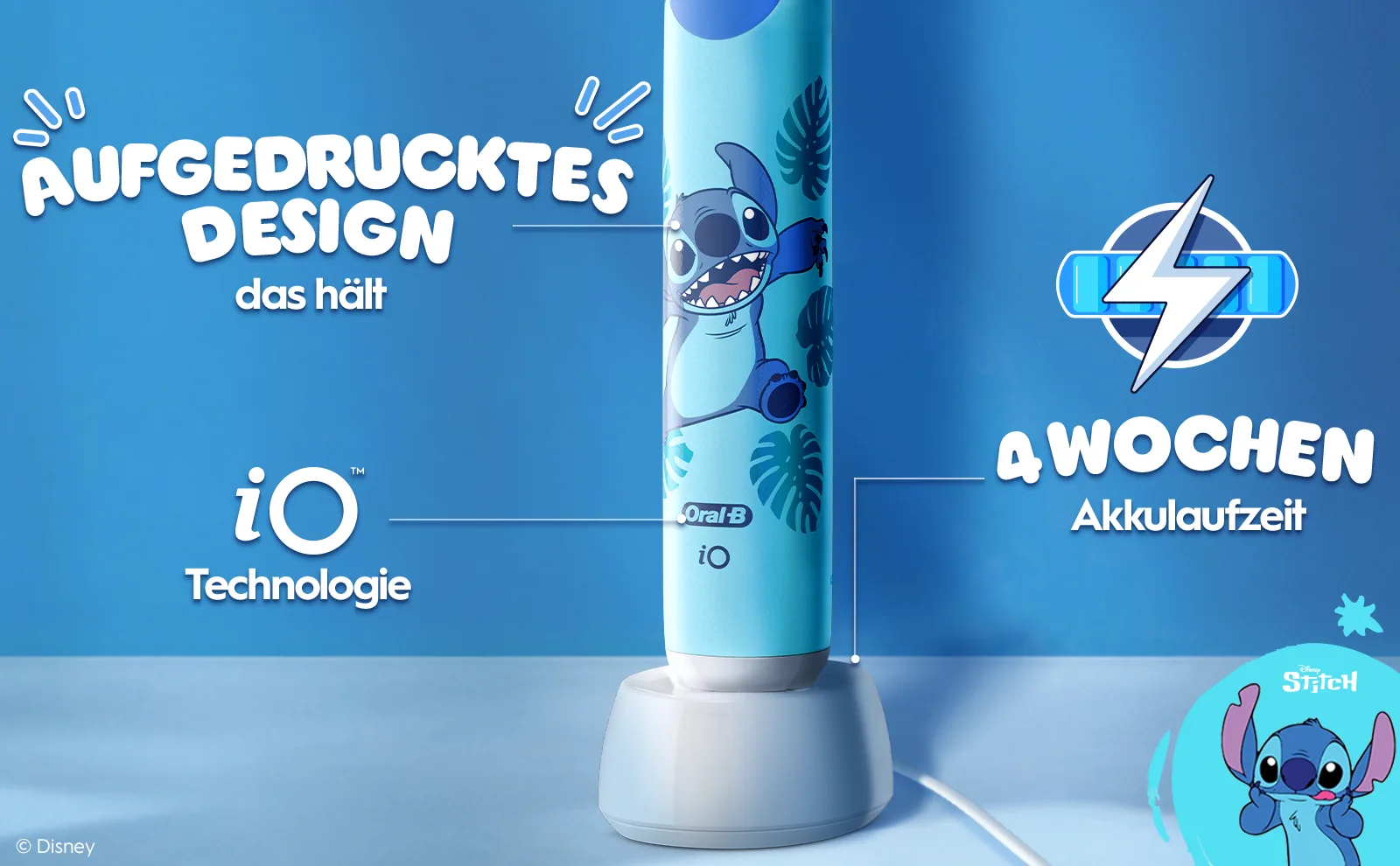 Oral-B iO Kids 6+ Disney Stitch Elektrische Zahnbürste inkl. 1 Aufsteckbürste, Reise-Etui & Aufsteckbürsten-Etui, ab 6 Jahren 