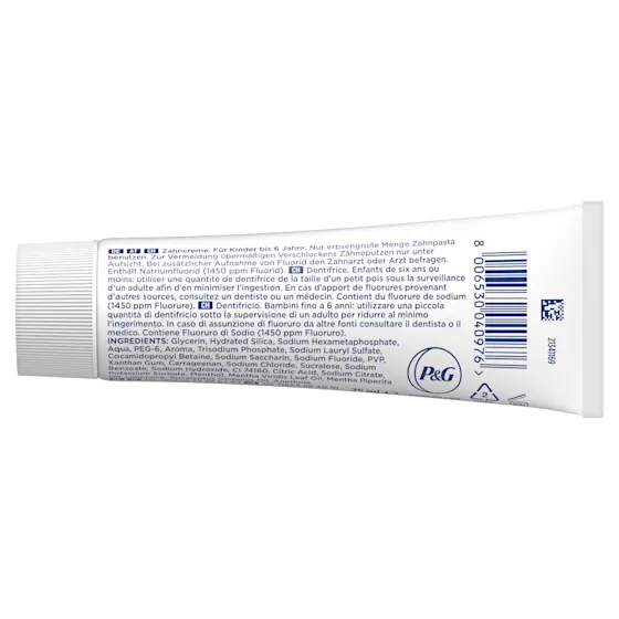 Oral-B 3D White Luxe Perfection Zahnpasta, Tube und Verpackung, mit dem Hinweis "Entfernt bis zu 100% der Verfärbungen".
