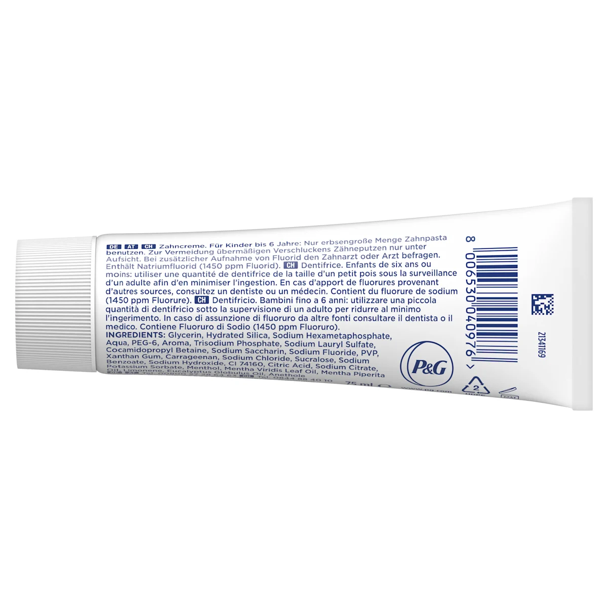 Oral-B 3D White Luxe Perfection Zahnpasta, Tube und Verpackung, mit dem Hinweis "Entfernt bis zu 100% der Verfärbungen".