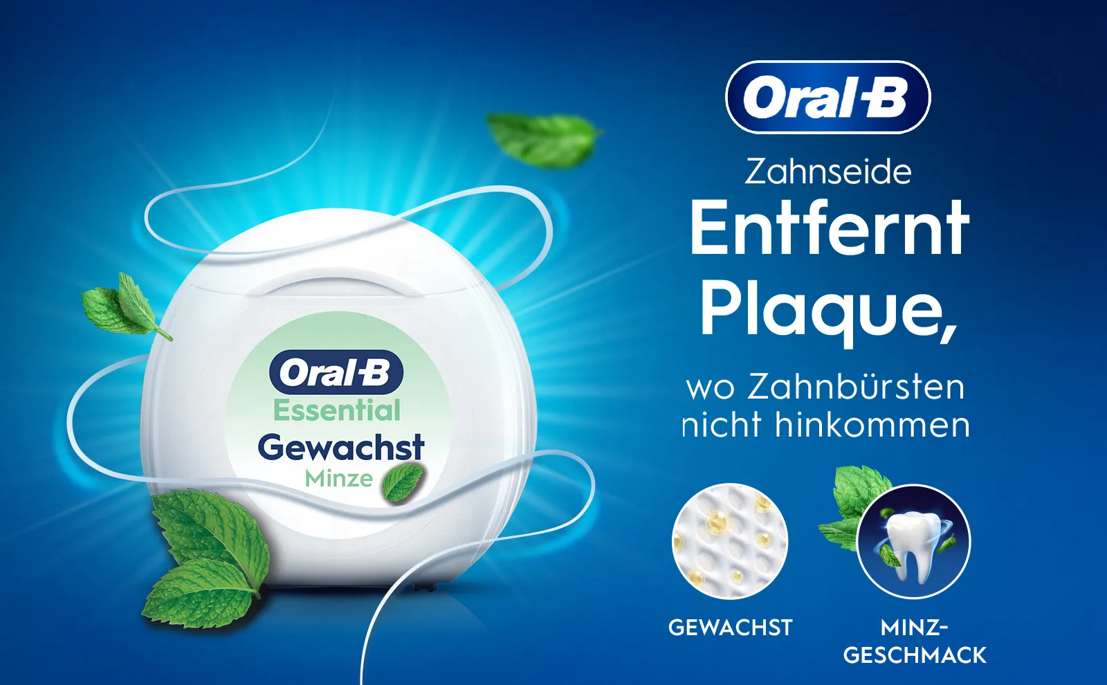 Zahnseide-Packung mit Zahnseidefaden und zwei Symbolen, die zeigen, dass die Zahnseide ungewachst und ohne Geschmack ist. 