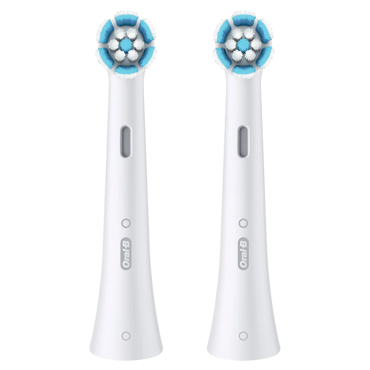 Oral-B iO Aufsteckbürsten-Verpackung, hervorgehoben wird die "Sanfte Reinigung" und dass zwei Bürsten enthalten sind.