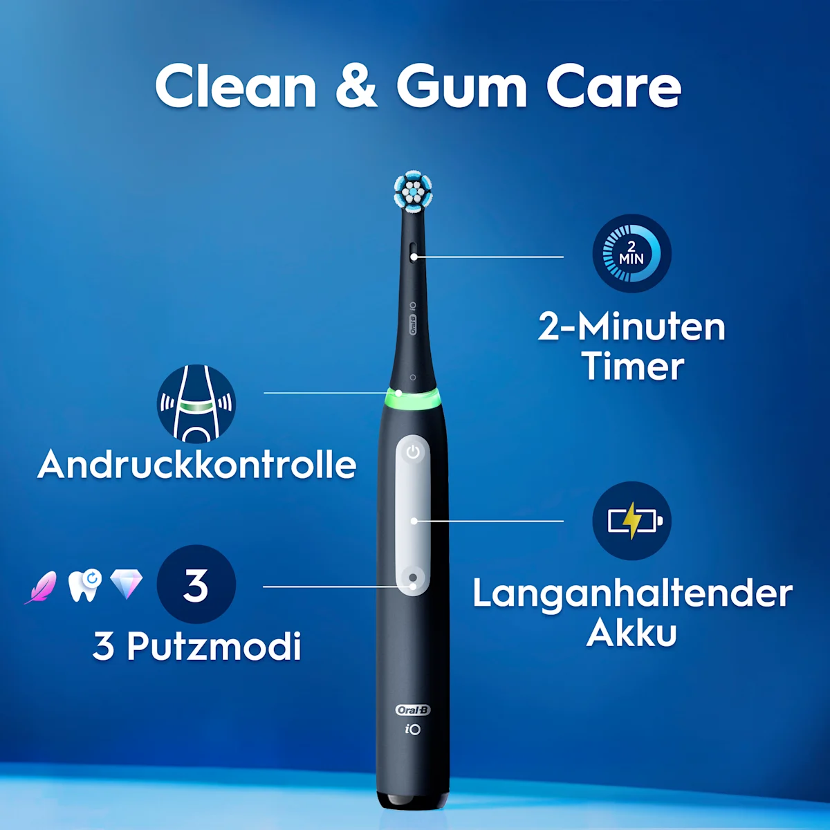 Oral-B iO3 Verpackung mit dem Hinweis auf 360° visuelle Andruckkontrolle und der Auszeichnung Testsieger von Stiftung Warentest.