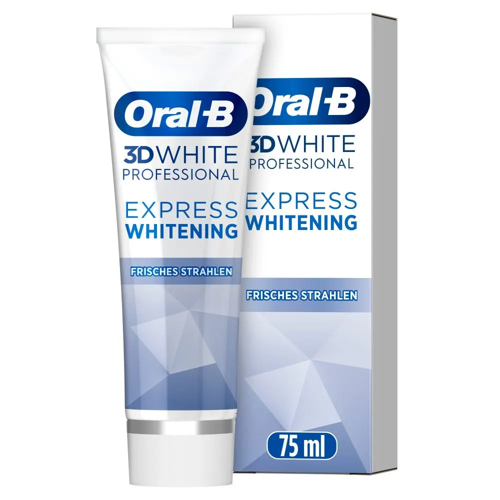 Oral-B 3d white advanced toothpaste. In the back is the Oral-B toothpaste carton with text reading "express whitening” and "fresh glow". In the front is the 75 millilitre toothpaste tube.