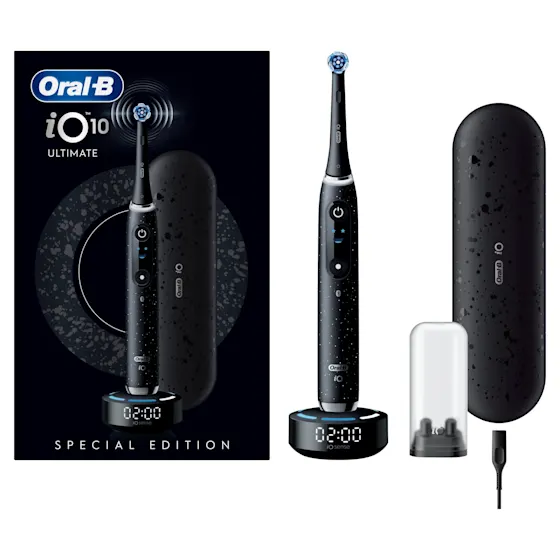 Oral-B iO 10 Ultimate Zahnbürste, mit Verpackung und Zubehör, hervorgehoben als Oral-B's beste Zahnbürste.