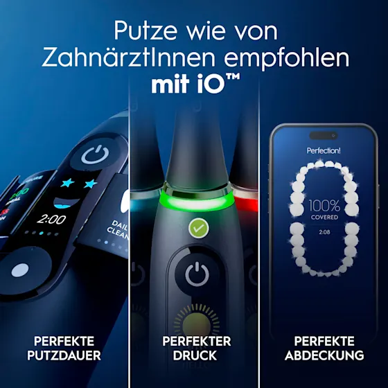 Oral-B iO 6 Zahnbürsten-Duo mit interaktivem Display für angeleitetes Putzen und dem Hinweis "Made in Germany".