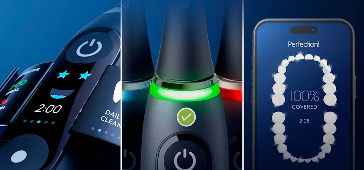 Oral-B iO 6 Zahnbürsten-Duo mit interaktivem Display für angeleitetes Putzen und dem Hinweis "Made in Germany".