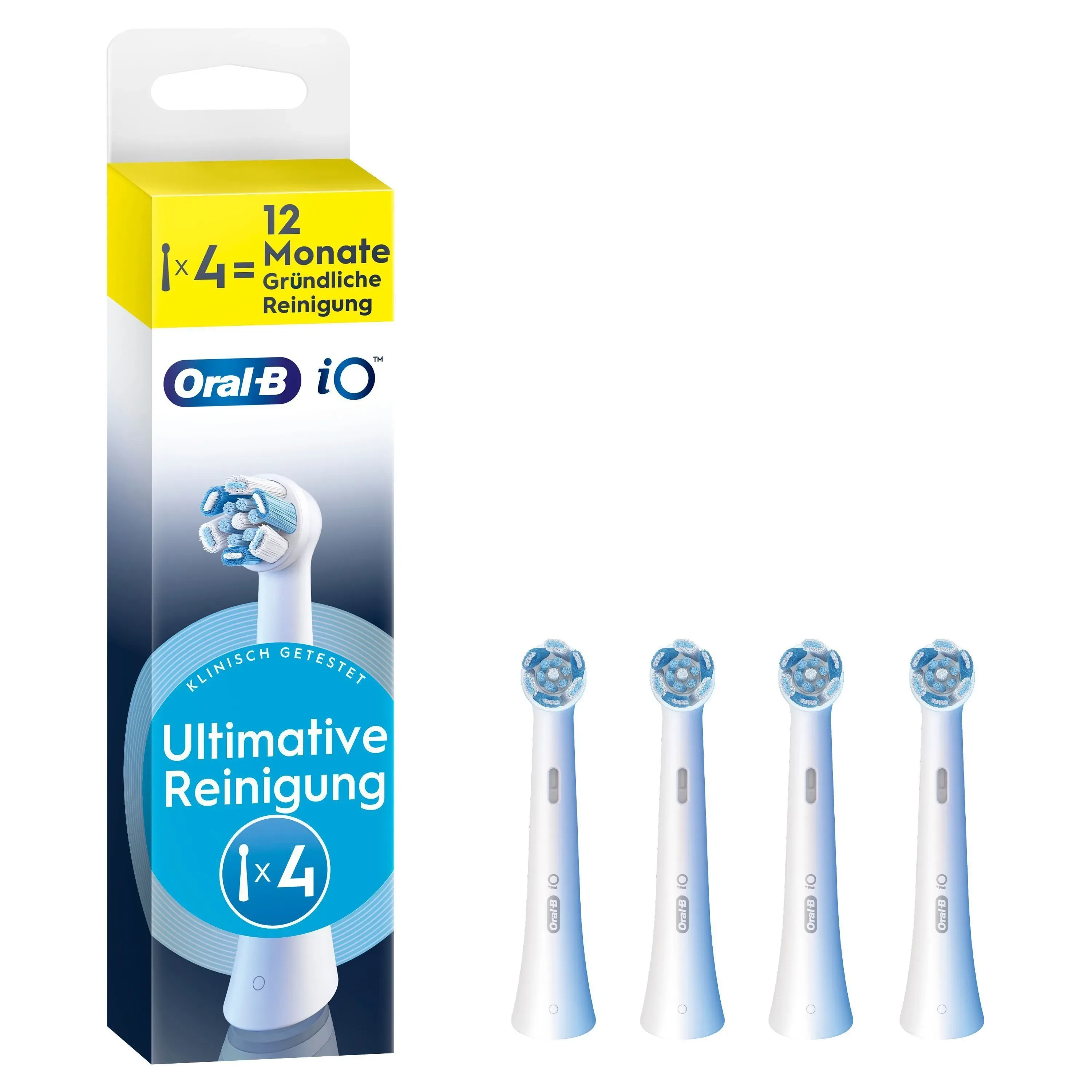 Image showing Oral B iO refill brush head pack. On the left is the pack with text reading 12 months of ultimate clean as well as text higgling the number of brushes in the pack as four. On the right is the pack contents showing 4 refill brush heads.
