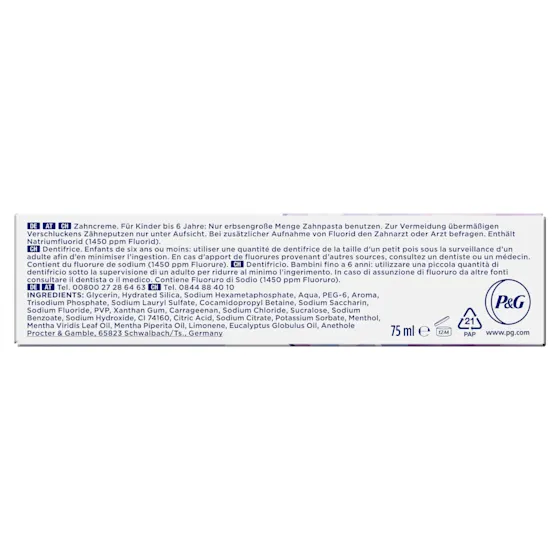 Oral-B 3D White Luxe Perfection Zahnpasta, Tube und Verpackung, mit dem Hinweis "Entfernt bis zu 100% der Verfärbungen".