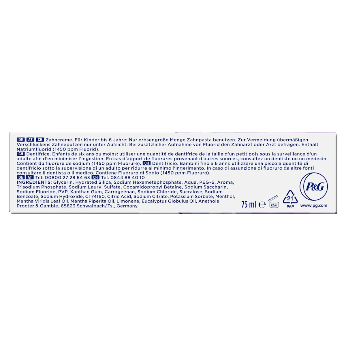 Oral-B 3D White Luxe Perfection Zahnpasta, Tube und Verpackung, mit dem Hinweis "Entfernt bis zu 100% der Verfärbungen".