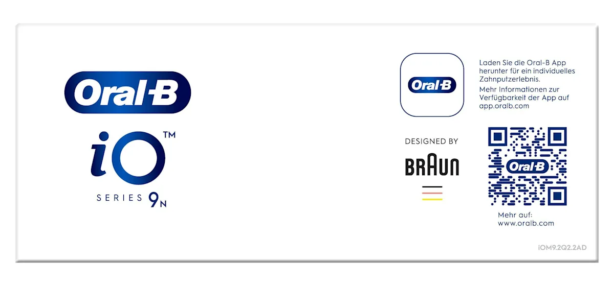 Oral-B iO9 Zahnbürste mit Verpackung, Reise-Etui mit Schnellladestation und „Made in Germany“ Anhänger.