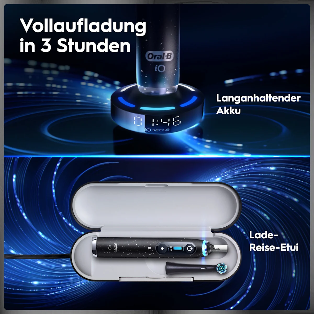 Oral-B iO 10 Ultimate Zahnbürste, mit Verpackung, Lade-Reise-Etui und dem Hinweis Oral-B's beste Zahnbürste.