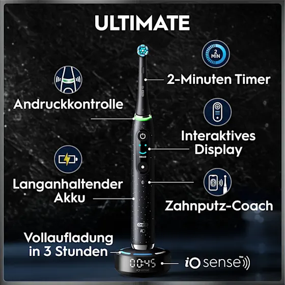 Oral-B iO 10 Ultimate Zahnbürste, mit Verpackung, Lade-Reise-Etui und dem Hinweis Oral-B's beste Zahnbürste.