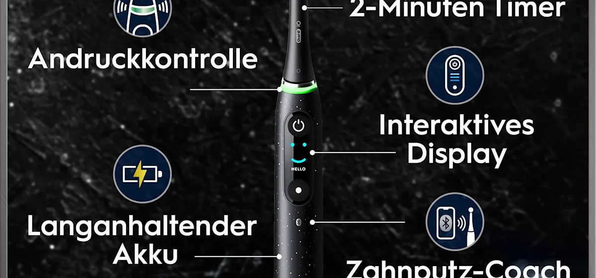 Oral-B iO 10 Ultimate Zahnbürste, mit Verpackung und Zubehör, hervorgehoben als Oral-B's beste Zahnbürste.