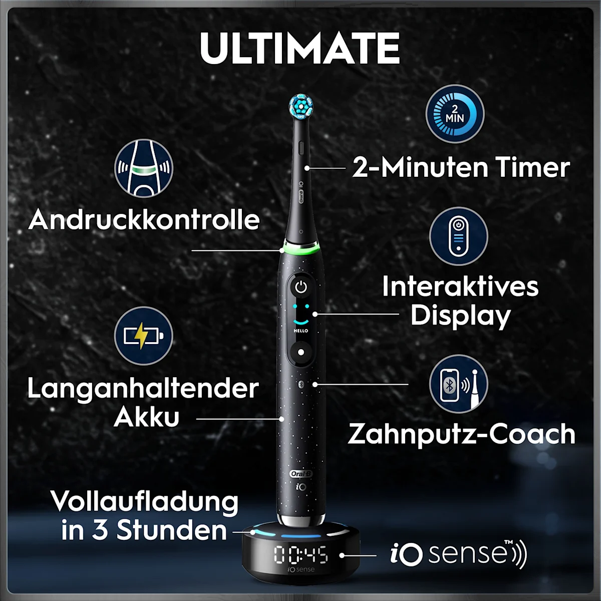 Oral-B iO 10 Ultimate Zahnbürste, mit Verpackung, Lade-Reise-Etui und dem Hinweis Oral-B's beste Zahnbürste.