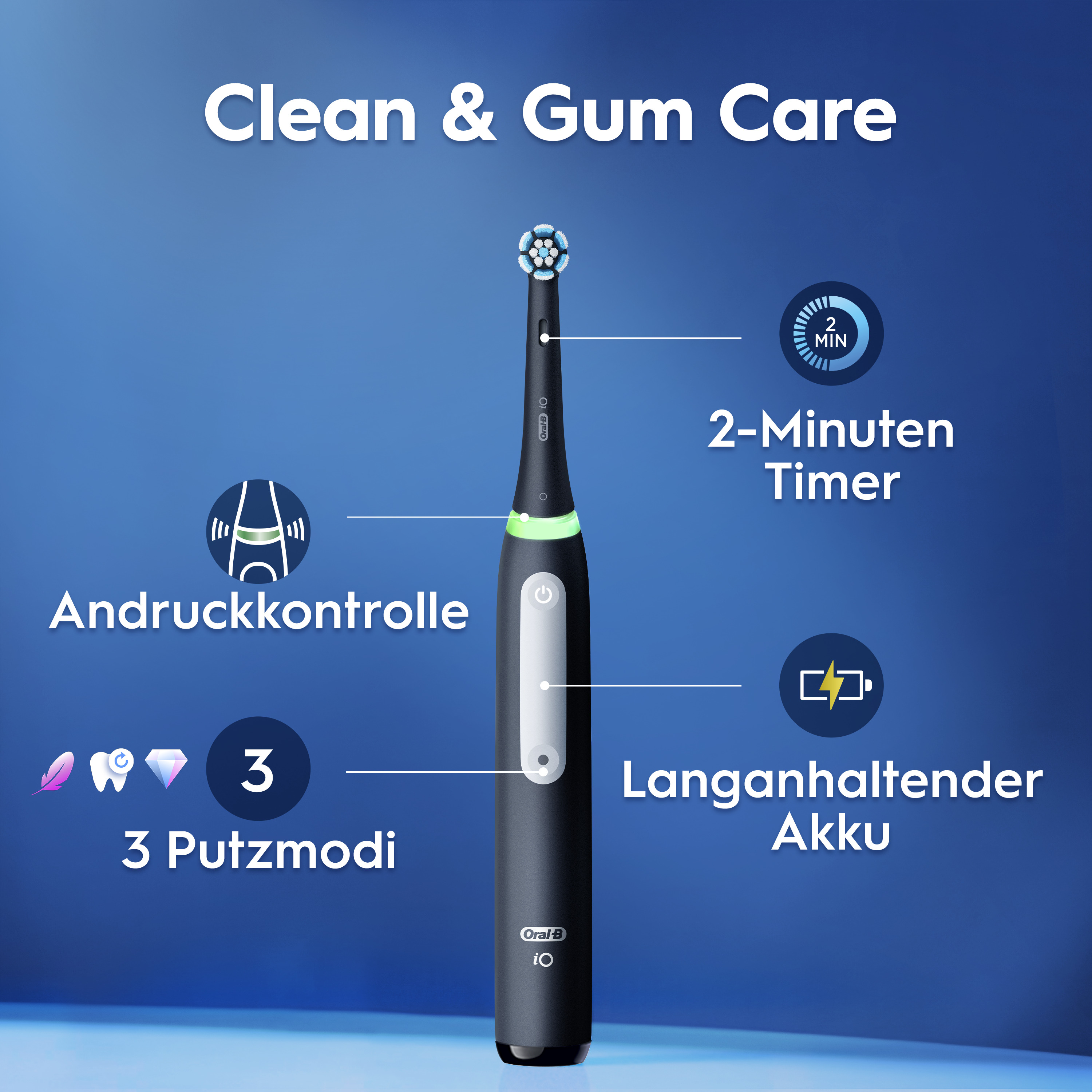 Oral-B iO3 Doppelpack mit 360° visueller Andruckkontrolle zum Zahnfleischschutz.