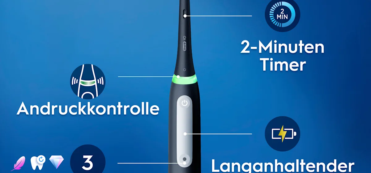 Oral-B iO3 Doppelpack mit 360° visueller Andruckkontrolle zum Zahnfleischschutz.