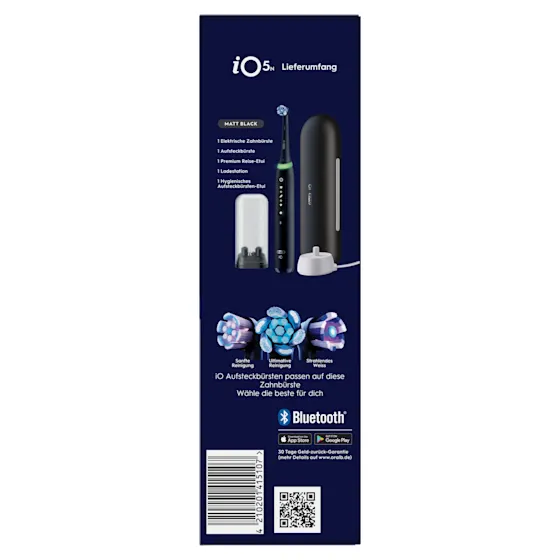 Oral-B iO5 Zahnbürste in Schwarz, zusammen mit Verpackung, Reiseetui und Ladefunktion; mit dem Hinweis Made in Germany.
