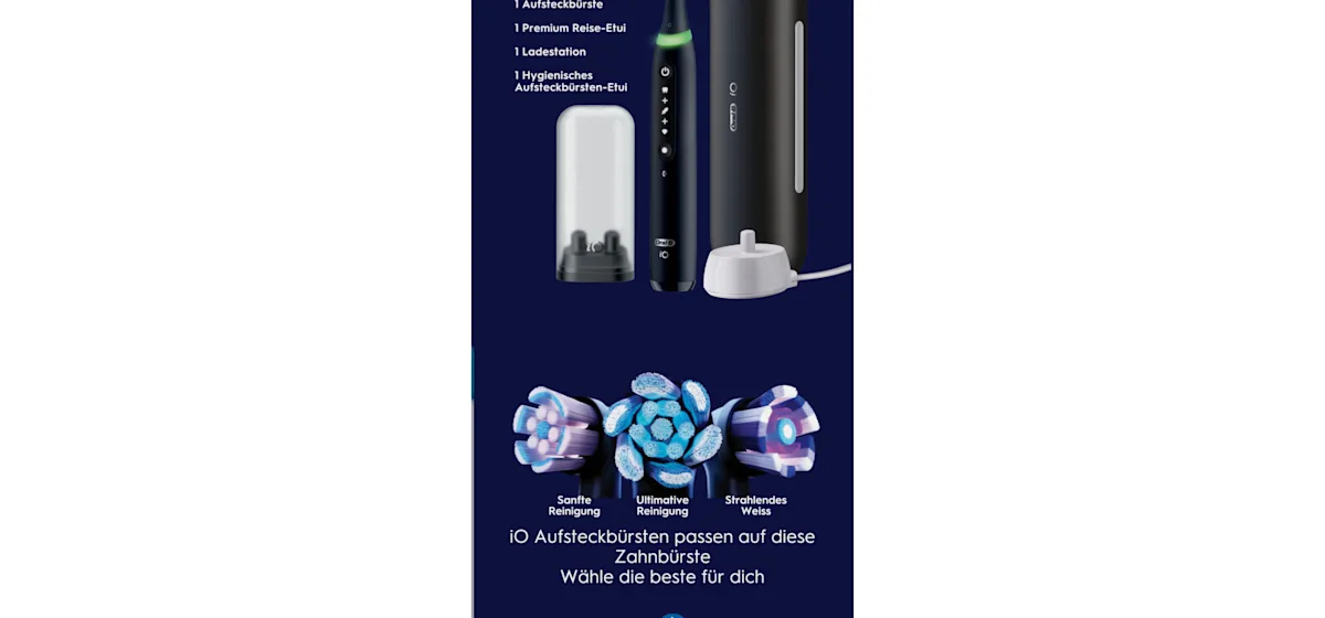 Oral-B iO5 Zahnbürste in Schwarz, zusammen mit Verpackung, Reiseetui und Ladefunktion; mit dem Hinweis Made in Germany.