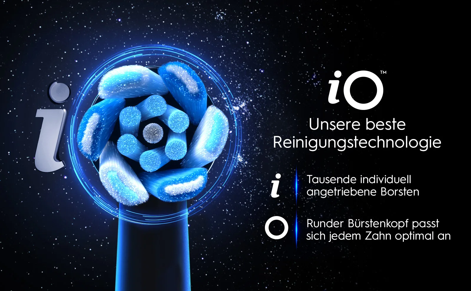 iO Zahnbürste mit blauem rundem Bürstenkopf, Technologiebeschreibung für optimale Zahnreinigung 