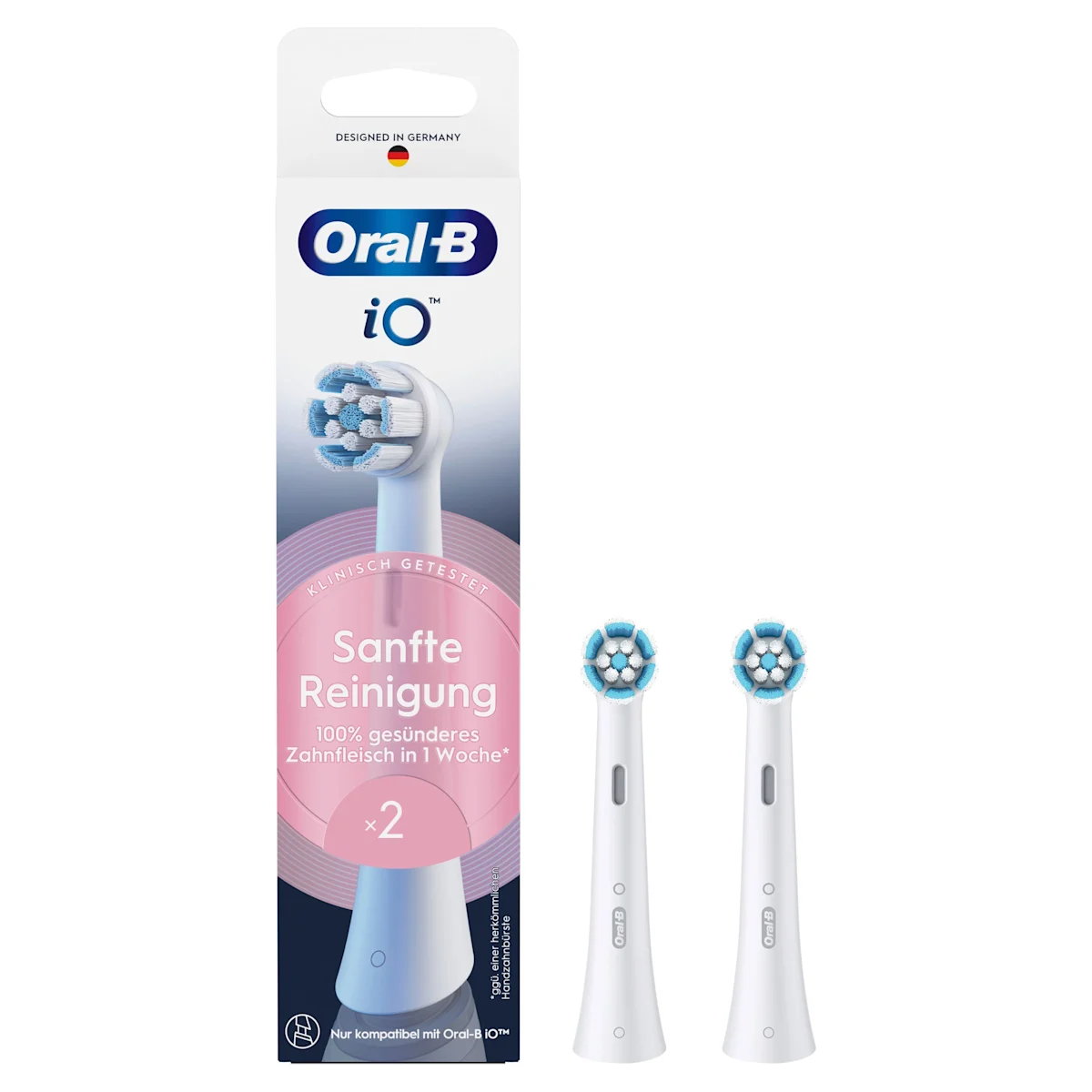 Oral-B iO Aufsteckbürsten-Verpackung, hervorgehoben wird die "Sanfte Reinigung" und dass zwei Bürsten enthalten sind.