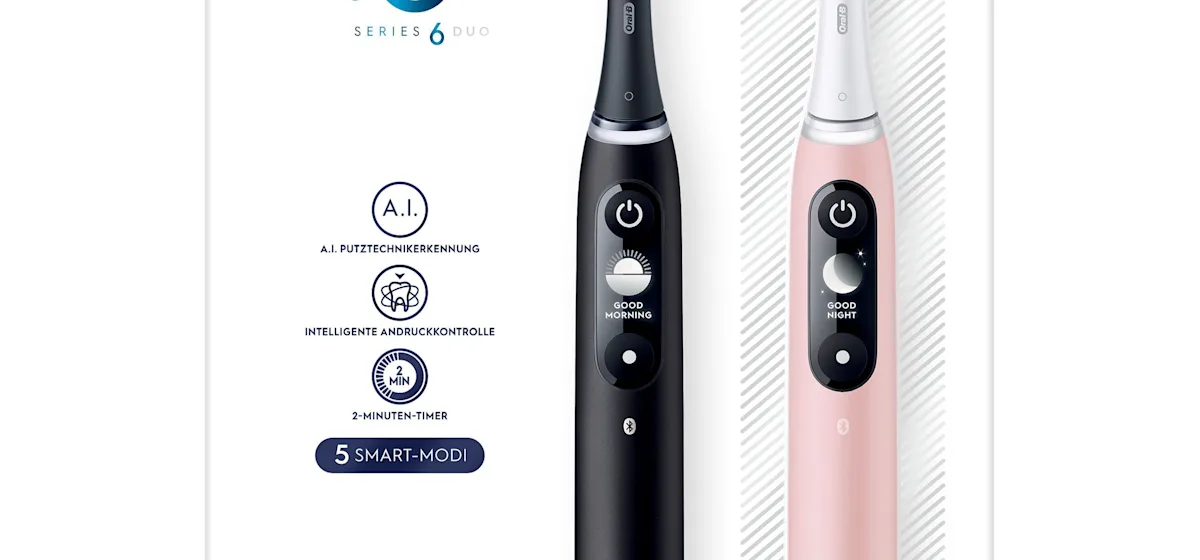 Oral-B iO 6 Zahnbürsten-Duo mit interaktivem Display für angeleitetes Putzen und dem Hinweis "Made in Germany".