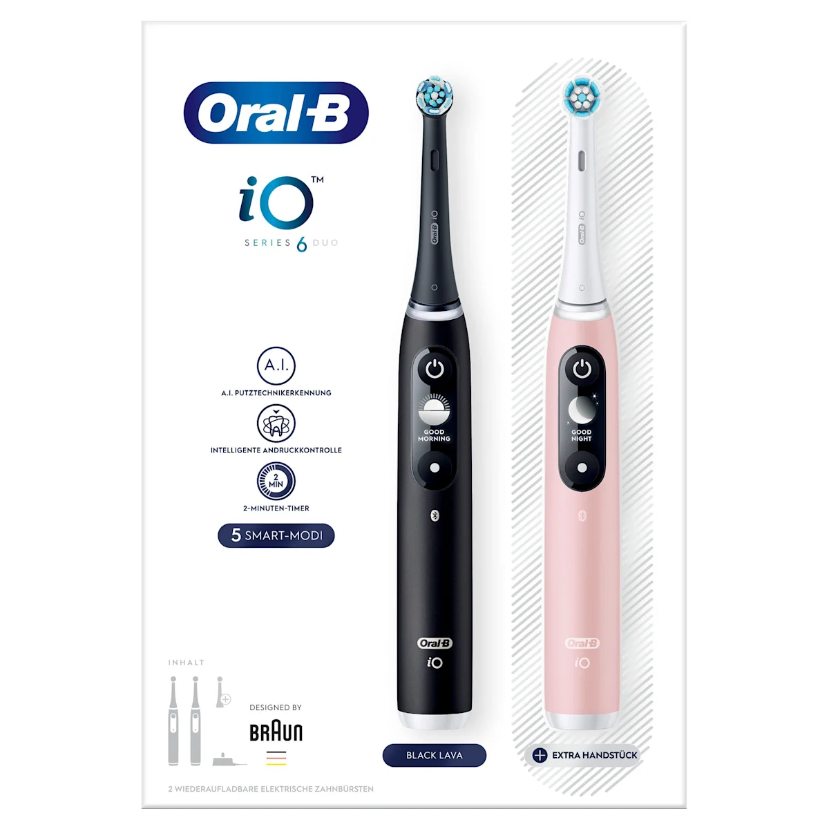 Oral-B iO 6 Zahnbürsten-Duo mit interaktivem Display für angeleitetes Putzen und dem Hinweis "Made in Germany".