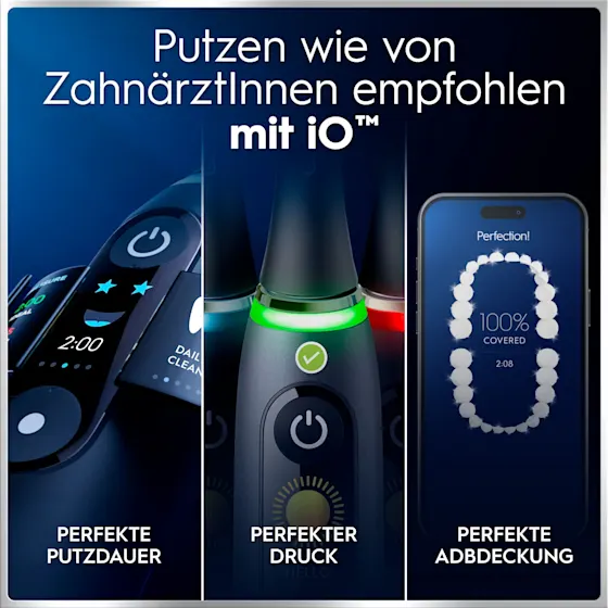 Oral-B iO6 elektrische Zahnbürste mit Verpackung, die geführte Reinigung mit der App hervorhebt, damit keine Stelle ausgelassen wird. Mit Made in Germany Anhänger.