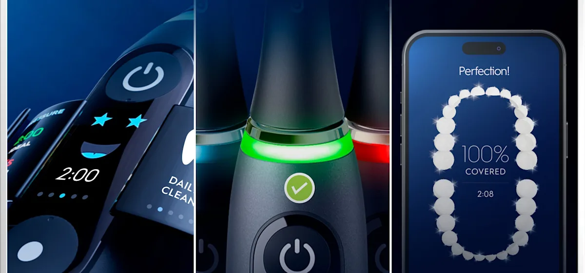 Oral-B iO6 elektrische Zahnbürste mit Verpackung, die geführte Reinigung mit der App hervorhebt, damit keine Stelle ausgelassen wird. Mit Made in Germany Anhänger.