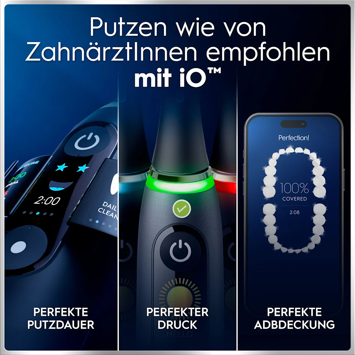 Oral-B iO6 elektrische Zahnbürste mit Verpackung, die geführte Reinigung mit der App hervorhebt, damit keine Stelle ausgelassen wird. Mit Made in Germany Anhänger.