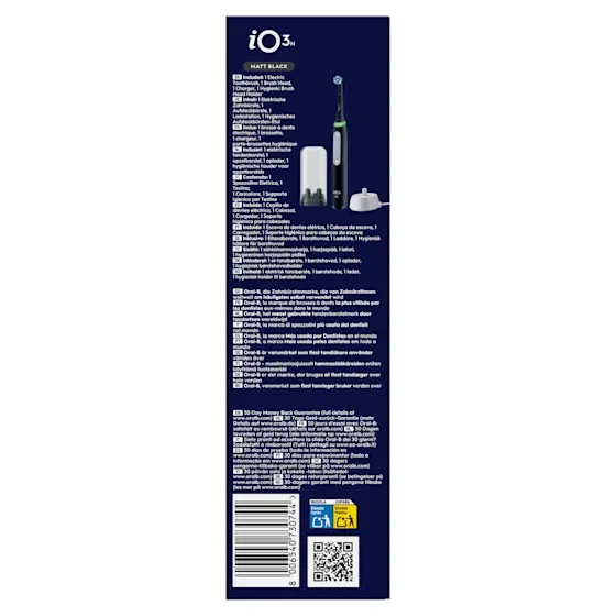 Oral-B iO3 elektrische Zahnbürste mit Verpackung, die die 360° visuelle Andruckkontrolle zur Schonung des Zahnfleisches hervorhebt. Mit Made in Germany Anhänger.