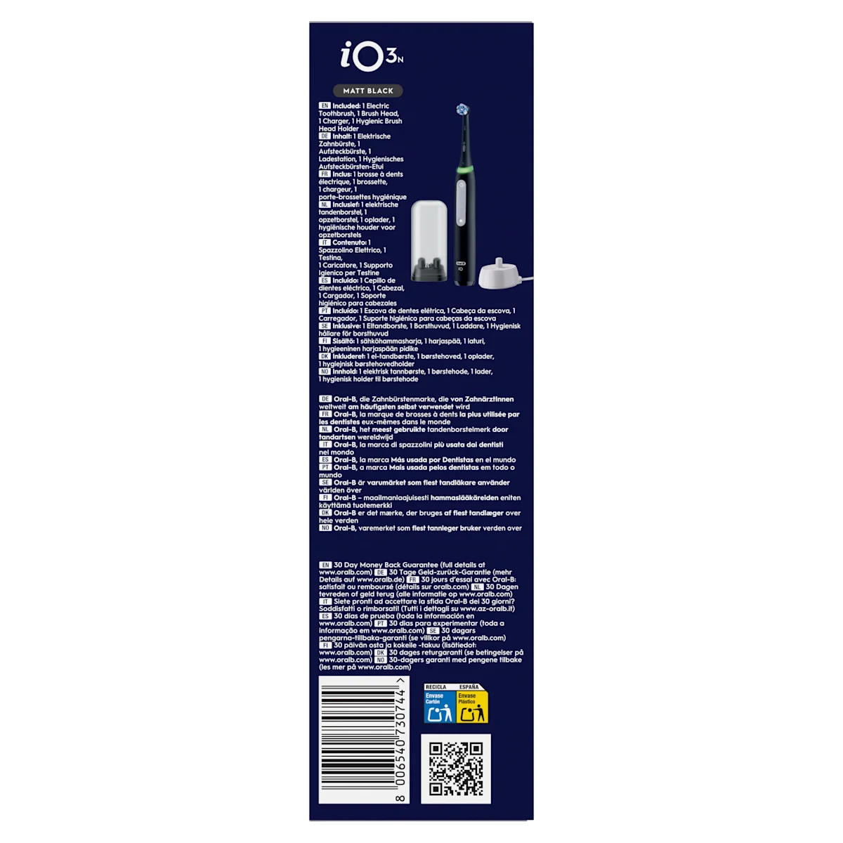 Oral-B iO3 elektrische Zahnbürste mit Verpackung, die die 360° visuelle Andruckkontrolle zur Schonung des Zahnfleisches hervorhebt. Mit Made in Germany Anhänger.
