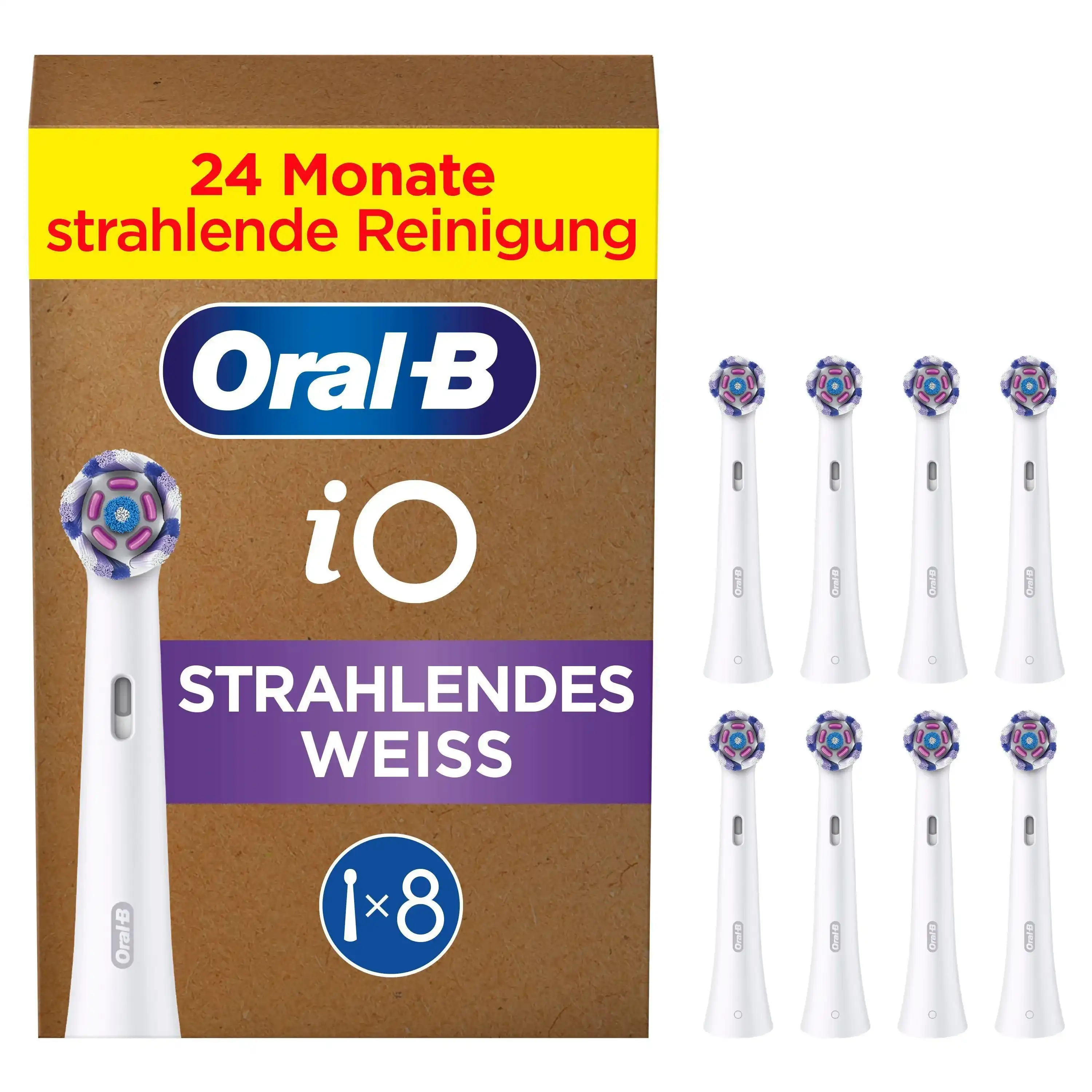Oral-B iO Strahlendes Weiss, Original Aufsteckbürsten für elektrische Oral-B iO Zahnbürsten, Zahnaufhellung, Weiß, 8 Stück