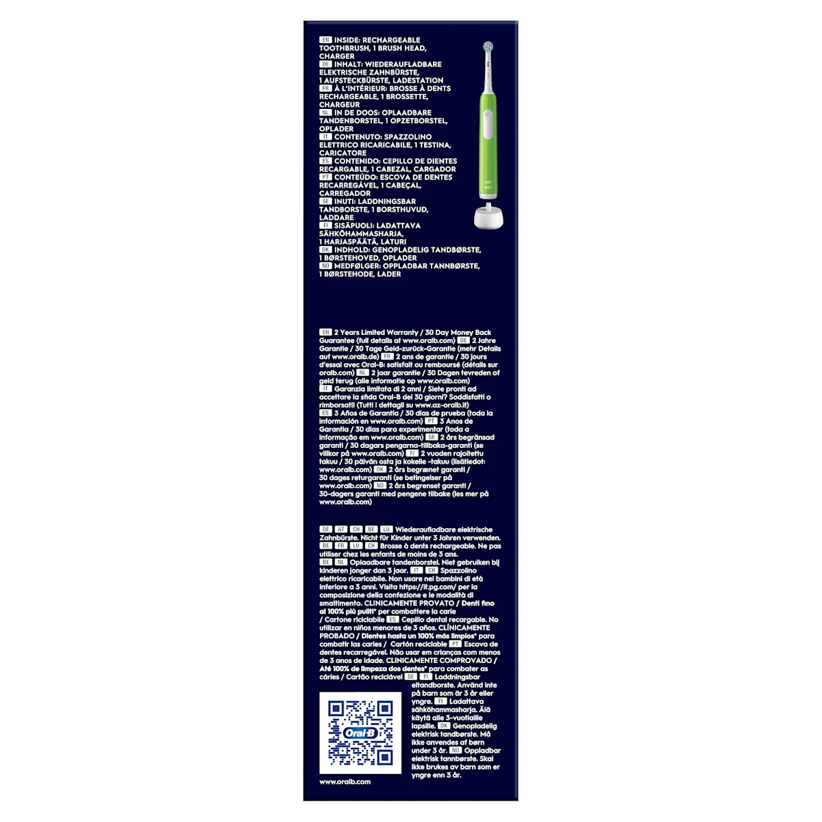 Oral-B PRO Junior 6+ elektrische Zahnbürste mit Verpackung, die 3D Reinigung hervorhebt.