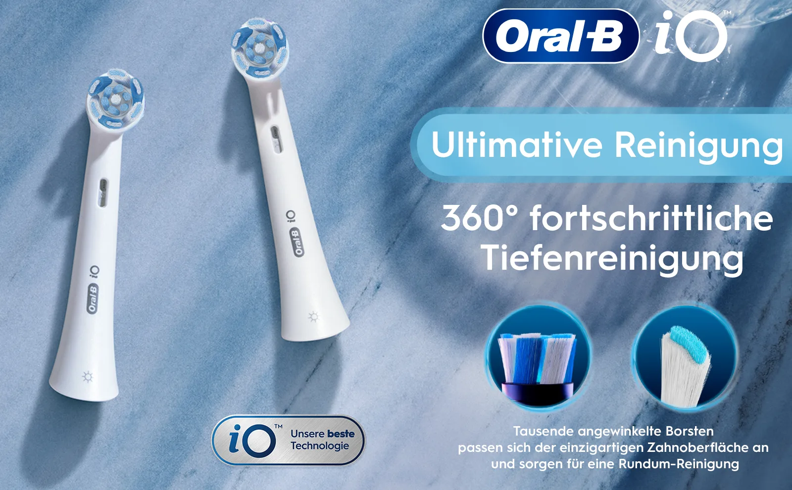 Oral-B iO Ultimative Reinigung Bürstenköpfe, angewinkelte Borsten passen sich der Zahnoberfläche an. 