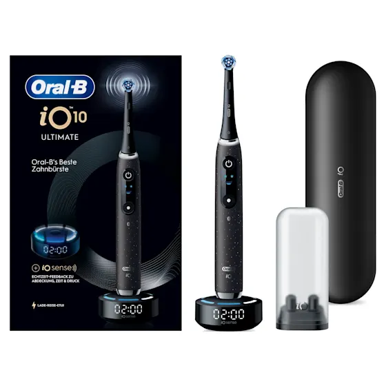 Oral-B iO 10 Ultimate Zahnbürste, mit Verpackung, Lade-Reise-Etui und dem Hinweis Oral-B's beste Zahnbürste.