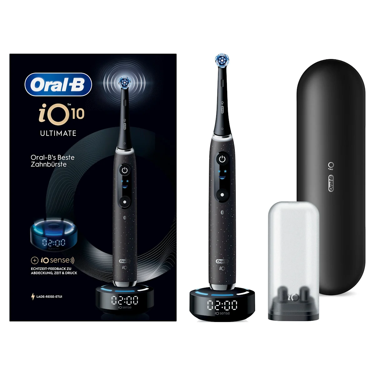 Oral-B iO 10 Ultimate Zahnbürste, mit Verpackung, Lade-Reise-Etui und dem Hinweis Oral-B's beste Zahnbürste.