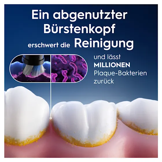 Oral-B iO Aufsteckbürsten-Verpackung, hervorgehoben wird die "Sanfte Reinigung" und dass zwei Bürsten enthalten sind.