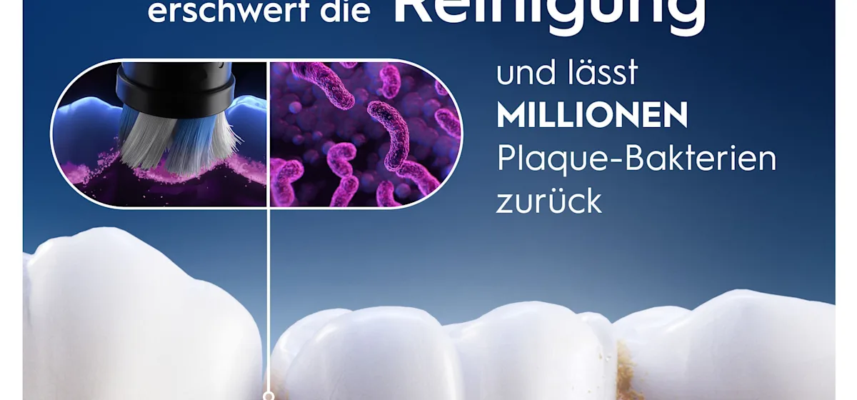 Oral-B iO Aufsteckbürsten-Verpackung, hervorgehoben wird die "Sanfte Reinigung" und dass zwei Bürsten enthalten sind.