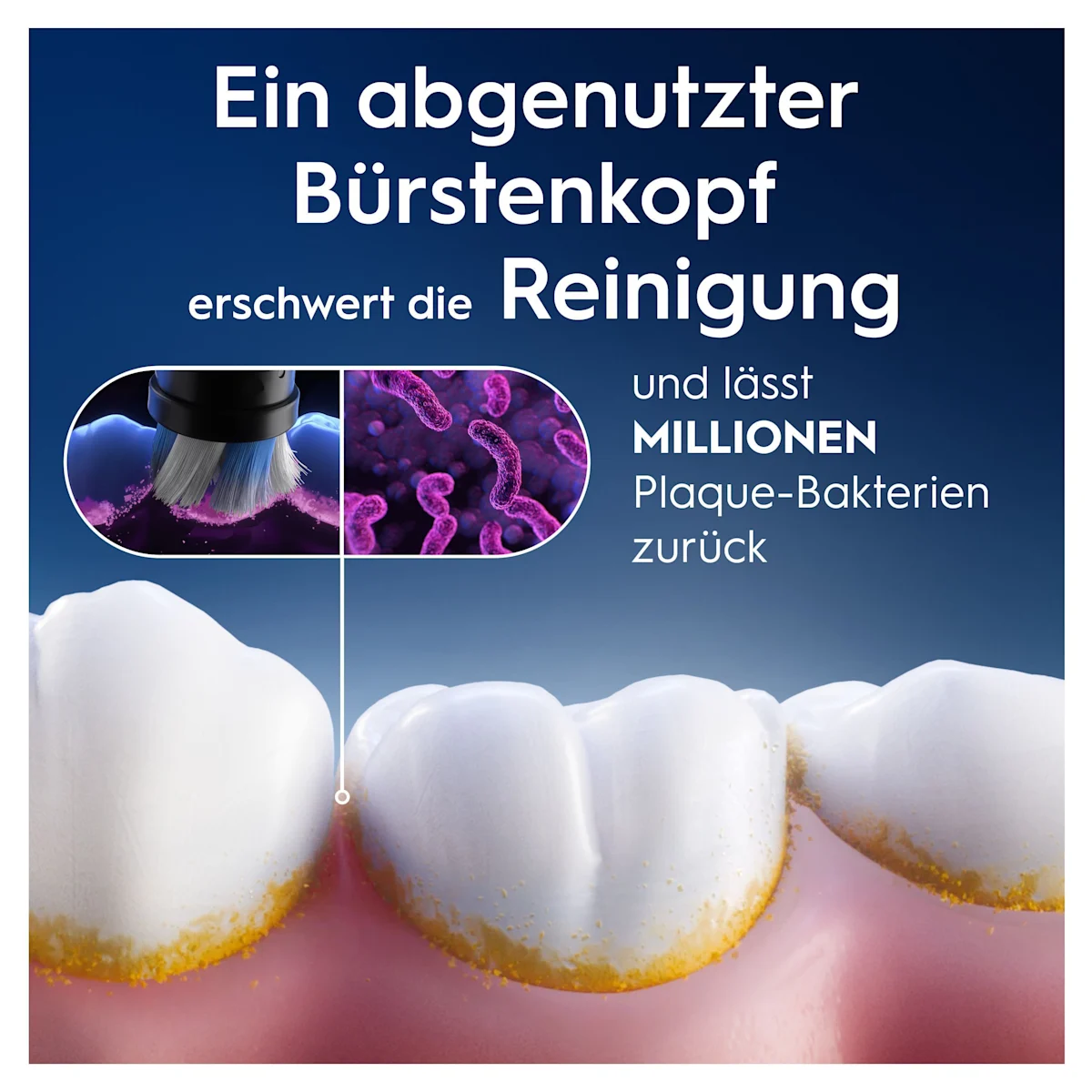 Oral-B iO Aufsteckbürsten-Verpackung, hervorgehoben wird die "Sanfte Reinigung" und dass zwei Bürsten enthalten sind.